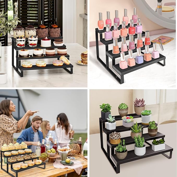 HomePekite Wooden Display Riser Stand, Tiered Perfume and Cologne Organizer Stand, 4 Tier Spice Rack Organizer, Rustic Display Shelf for Candles (4 Tier 2 Pcs), Black