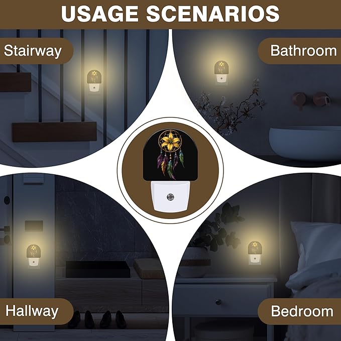 Night Lights Plug into Wall Floral Dreamcatcher Night Light Dusk to Dawn Smart Sensor Decorative Round Led Lamp for Bedroom Kitchen Hallway Nightlight for Women Men