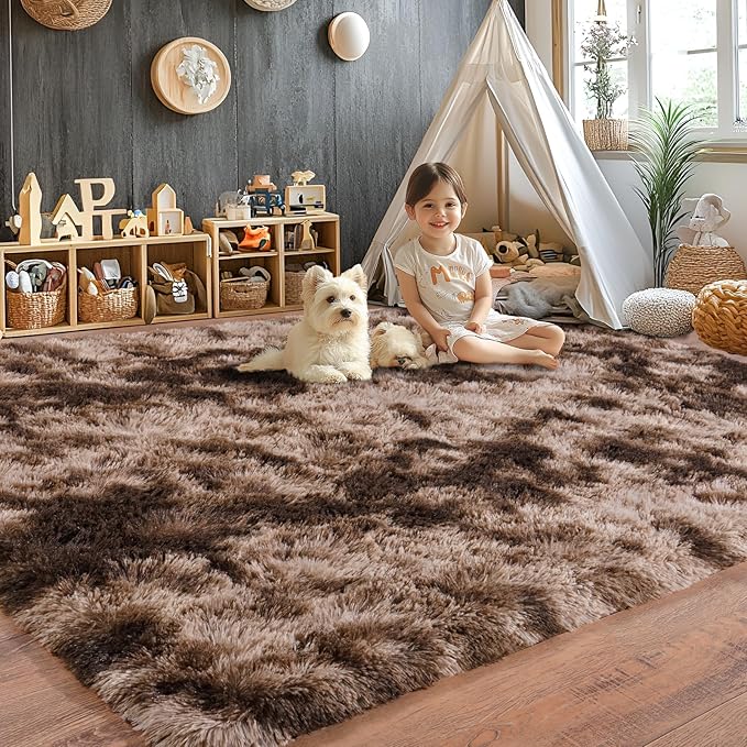 Area Rugs 9x12 for Living Room, Ultra Soft Fluffy Rugs for Bedroom, Non-Slip Furry Large Rug for Teen Girls and Boys,Nursery Kids Room Dorm Home Decor, High Pile Plush Floor Carpet, Tie Dyed Brown