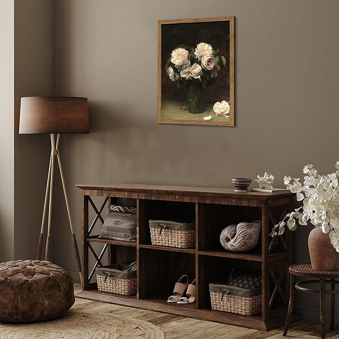 Vintage Floral Wall Art, Framed Moody Dark Roses Canvas Wall Art, Botanical Flowers Pictures Print, Retro White Roses Oil Painting Artwork Wall Decor for Bedroom Kitchen Bathroom – 12x16 inch