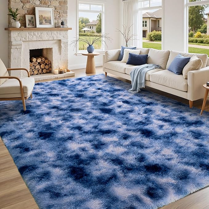 6x9 ft Fuzzy Rug for Living Room Soft Fluffy Blue White Bedroom Area Rugs Non-Slip Shaggy Carpet for Nursery Kids PlayRoom Dorm Office Indoor Modern Plush Carpets