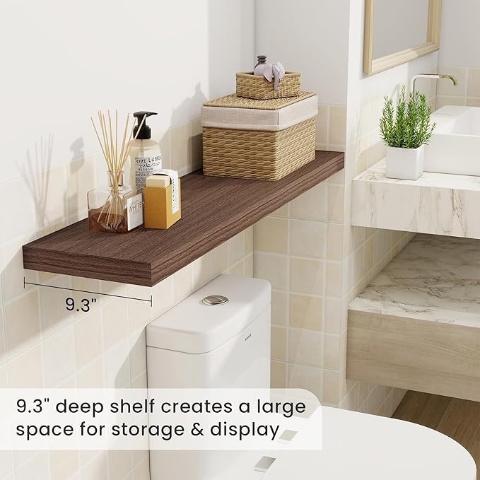 Fun Memories 40 Inch Walnut Floating Shelves, 9.3 Inch Deep Wall Shelves for Living Room|Bedroom|Kitchen, Rusitc Wall Mounted Bathroom Shelves 2 Pack, Heavy-Duty Deep Shelf for Books，Decor
