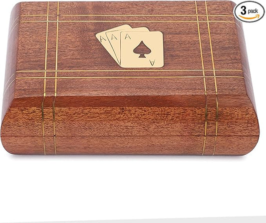 Ajuny Handcrafted Wooden Double Deck Playing Card Box Holder Decorative Storage Case Organizer With 2 Set of Playing Cards Anniversary Housewarming Gifts