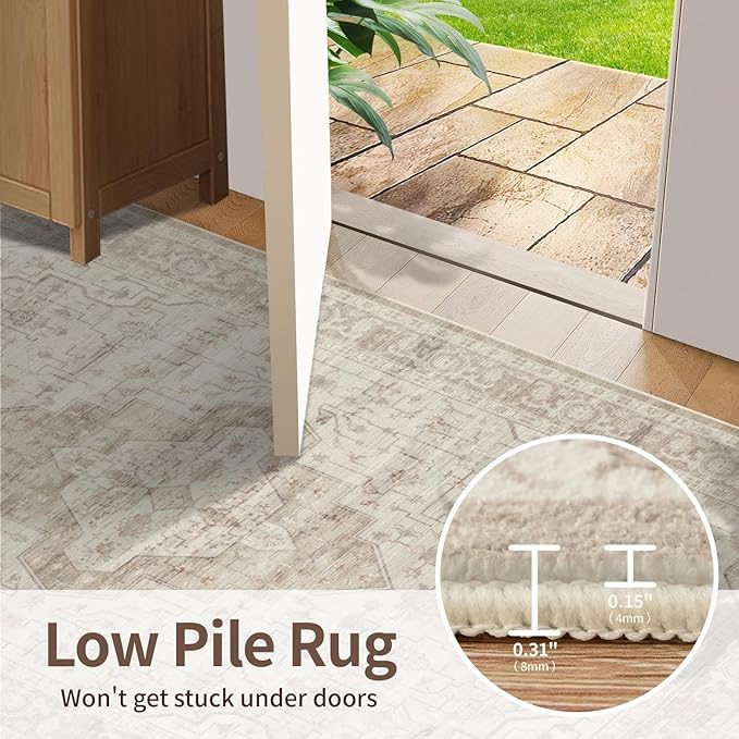 Rugxara 5X7 Washable Area Rug for Living Room, Vintage Neutral Large Boho Rugs for Office, Dining Room, Kids Room, Farmhouse, Durable Low Pile Non Slip Carpet for High Traffic Areas, Light, Cream