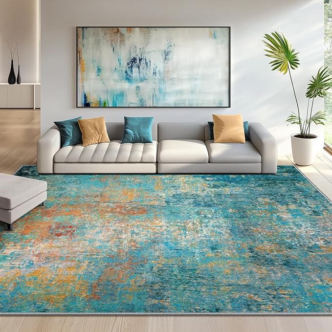 RELEANY Washable Area Rugs 10'x14 Non-Slip Modern Abstract Soft for Living Room Entryway Bedroom Nursery, Print Pattern, Teal Blue Green Orange Rust Red Coloreful
