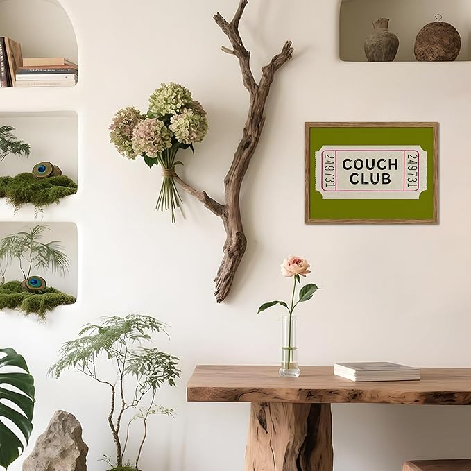 Vintage Framed Wall Art, Couch Club Ticket Canvas Wall Decor Painting, Retro Green Minimalist Quote Poster Print Picture for Living Room Bathroom Home Decor 16x24 Inch