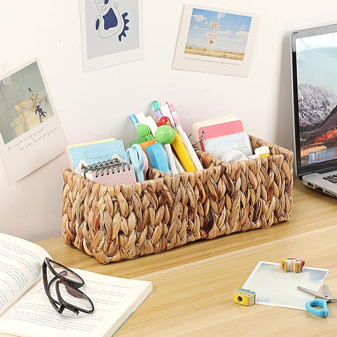 BTSKY Handwoven Remote Control Holder for Table, Natural Water Hyacinth Remote Control Caddy Small Wicker Storage Basket, 3-Compartment Office Supplies Desk Organizer Rustic Makeup Brushes Holder