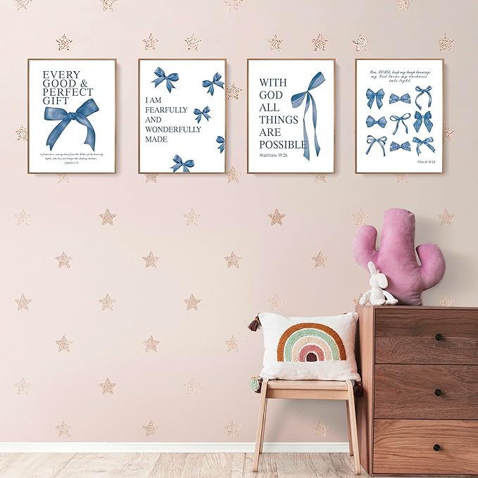 LARTSFRO Coquette Navy Blue Bow Wall Art Decor Posters, Navy Blue Bow Room Bedroom Bathroom Dorm Wall Art Decor Aesthetic for Teen Girls Gifts, Inspirational Bible Verses Bow Wall Decor, 12x16 Inch Set of 4 Pcs Bow Pictures (UNFRAMED)