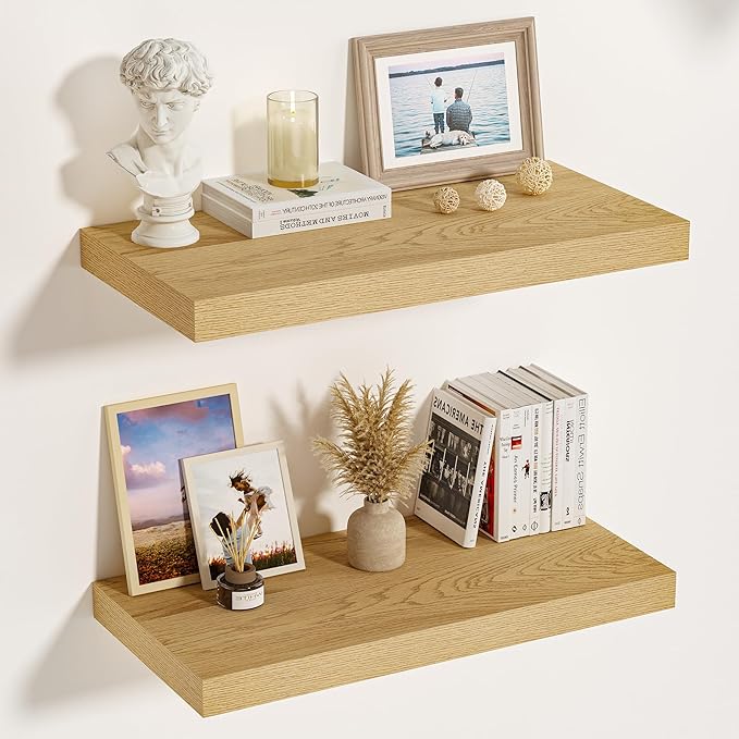 Vivelove 12 Inch Deep Floating Shelves 16 inch Long, Over Toilet Shelf with Invisible Brackets, for Bedroom Bathroom Living Room Kitchen Office, Rustic Farmhouse Decor, 15.7X12X1.5 Set of 2, Oak