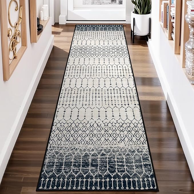 Lahome Moroccan Hallway Runner Rug, Washable Black 2x8 Rug Runner Ultra-Thin Stain Resistant Kitchen Carpet with Rubber Backing Non Slip, Geometric Print Floor Carpet Mat for Entryway Bedroom Hana