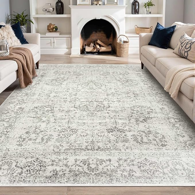 Rugxara 8x10 Washable Area Rug for Living Room, Extra Large Neutral Vintage Boho Rugs for Office, Kids Room, Farmhouse, Durable Low Pile Non Slip Carpet for High Traffic Areas, Light Grey
