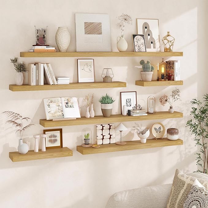 Fun Memories 60 Inch Fireplace Mantel - Long Floating Shelf, Wall Mounted Farmhouse Display with Invisible Heavy Duty Metal Bracket, Oak, 2 Pack