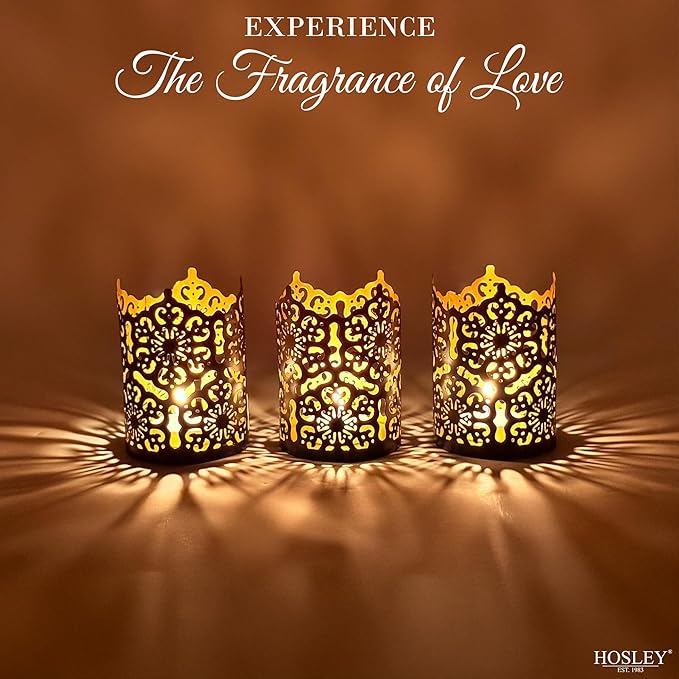 Hosley Set of 3 Black Metal Candle Holders 4 Inch High - Lattice Cut Lanterns for Table Centerpiece, Wedding, Home Decor, Indoor Outdoor