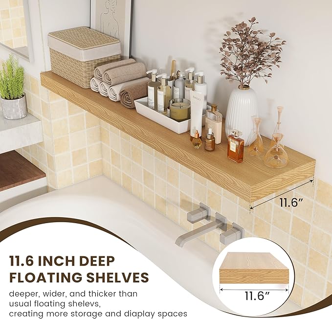 FLYJOE 12 Inch Deep Floating Shelves | 55 Inch Oak Floating Shelves | 55" W x 12" D Rustic Wood Shelves for Wall | Deep Oak Shelves for Living Room Bathroom Laundry Room Kitchen