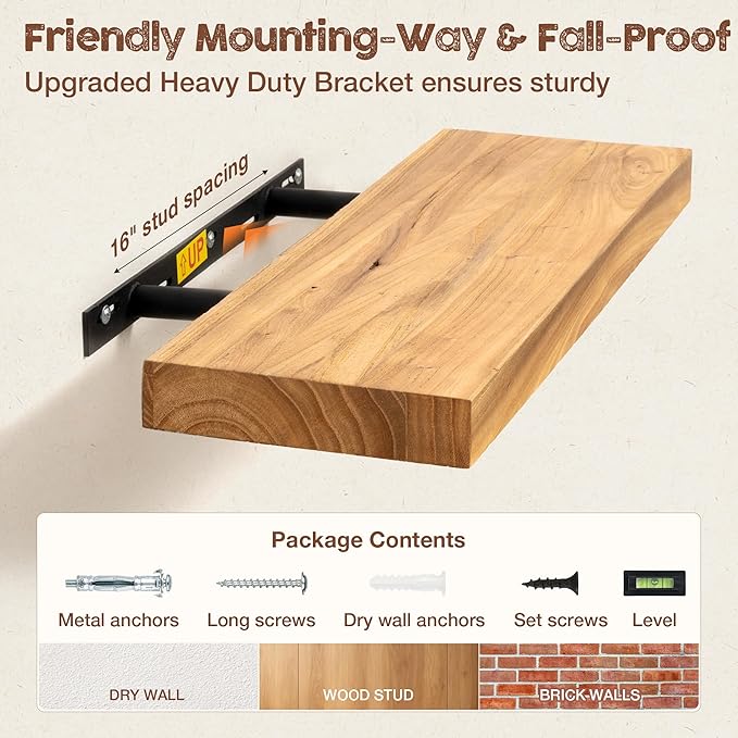 fuqing Floating Shelves for Wall, 20 inch Rustic Solid Elm Wood Floating Shelves, Wooden Wall Shelves with Invisible Heavy Duty Brackets for Living Room, Bedroom, Kitchen, Bathroom, 2 Pack, Natural