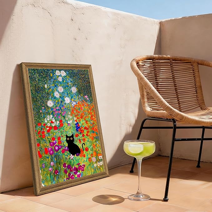 Fantasy Artists Gustav Klimt Canvas Wall Art, Framed Aesthetic Cat Floral Wall Decor, Garden Flower Black Cat Poster Paintings for Living Room Bedroom Bathroon, Dorm Home Decorations, 20" X 30"