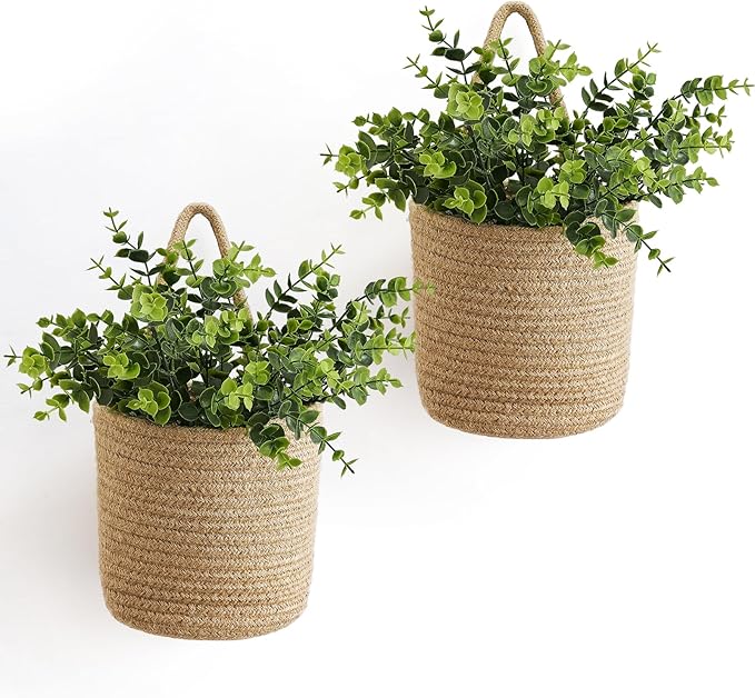 Dahey 2 Pack Wall Hanging Rope Basket (6.5"W×7"H) with Artificial Eucalyptus, Jute Woven Storage Organizer Flower Plants Basket Farmhouse Rustic Wall Decor for Porch Living Room Bedroom Entryway,Brown