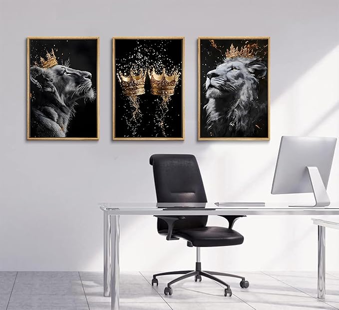 3 Pieces Lion Canvas Wall Art Golden crown with lion Poster print Modern Motivational Black And White Lion Pictures Wall Decor for Living room Office Decoration Unframed