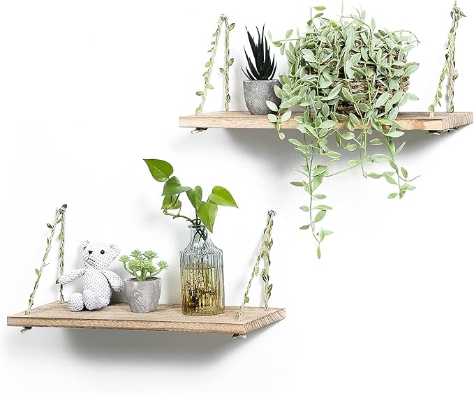 MITIME Leaf Rope Hanging Floating Shelves, Wall Swing Storage Shelf for Home Decor.17, 2-Pack (Light Color)