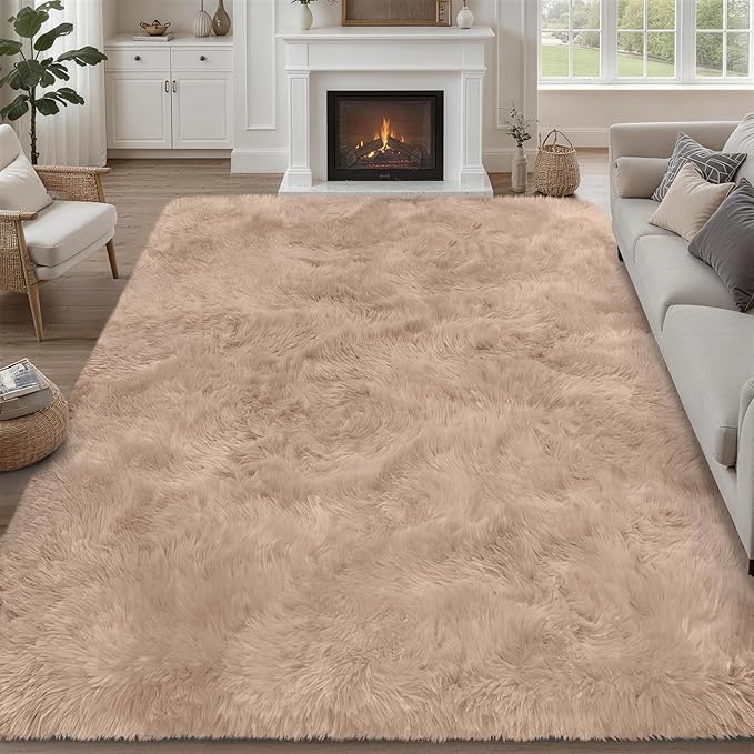 Fluffy Area Rugs 9x12 Living Room Bedroom: Ultra Soft Shag Rug Upgrade Non-Slip Non-Shedding Large Fuzzy Plush Carpet Indoor Floor Carpets for Kids Room Playroom Nursery Dorms Home Decor Beige