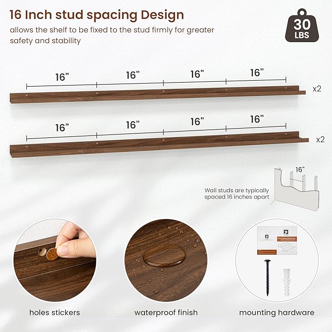 Axeman 72 Inch Floating Shelves | Walnut Picture Ledge Shelf Set of 4 | Rustic Wood Wall Shelves with Lip | 72" Walnut Picture Shelves for Wall with Ledge | Photo Shelves
