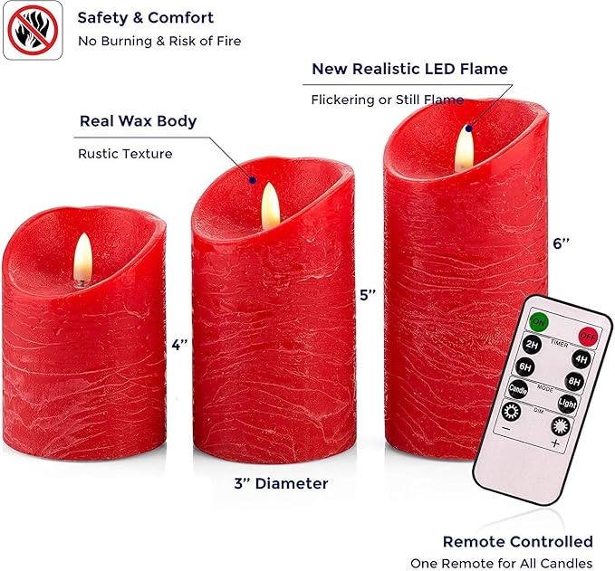 VENTA Flickering Flameless Candles with Remote Control - Led Candles Battery Operated - Battery Operated Candle for Decoration Table, Timer & Dimmer Features, Set - 3Pcs (4",5",6") (Red)