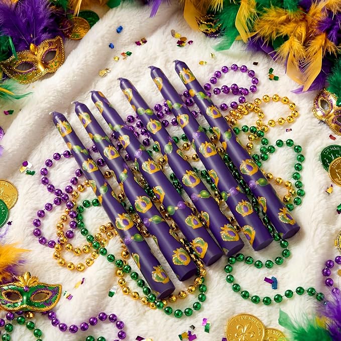 Threlaco 6 Pcs Mardi Gras Taper Candles 9.8" Purple Green Gold Beads Crowns Long Taper Candlesticks New Orleans Decorations Unscented Candles for Mardi Gras Party Gift Home Table Decor