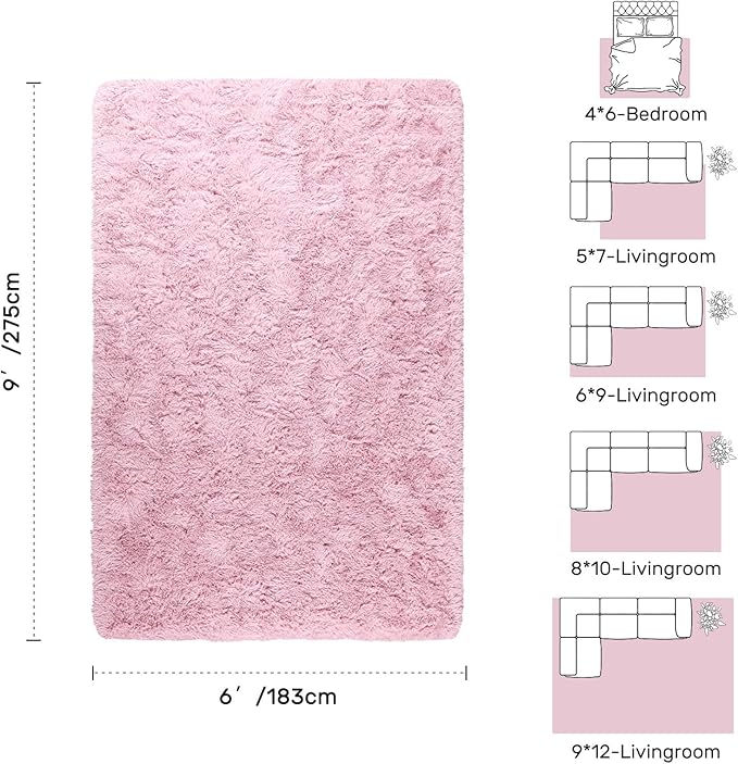 Pink Rugs for Living Room Fluffy 6x9 ft Bedroom Rug Non-Slip Area Rugs Shag Carpet for Nursery Kids PlayRoom Dorm Office Indoor Modern Plush Carpets Girls