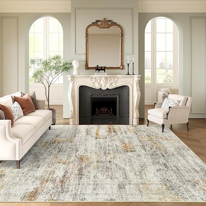 Soalmost 9x12 Area Rugs for Living Room, Non Slip Machine Washable Vintage Rugs, Low Pile Lightweight Large Rug for Bedroom, Dining Room, Home Office Gray Rust