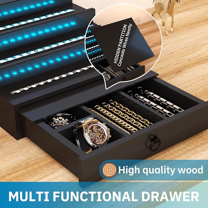 RGB LED Lighting Perfume & Cologne Organizer for Men with APP Control, Music Beat Sync LED, Cologne Stand Shelf, 4-Tier Black Wood, Ideal Gift for Men,Includes 12V Power Adapter for Instant Use