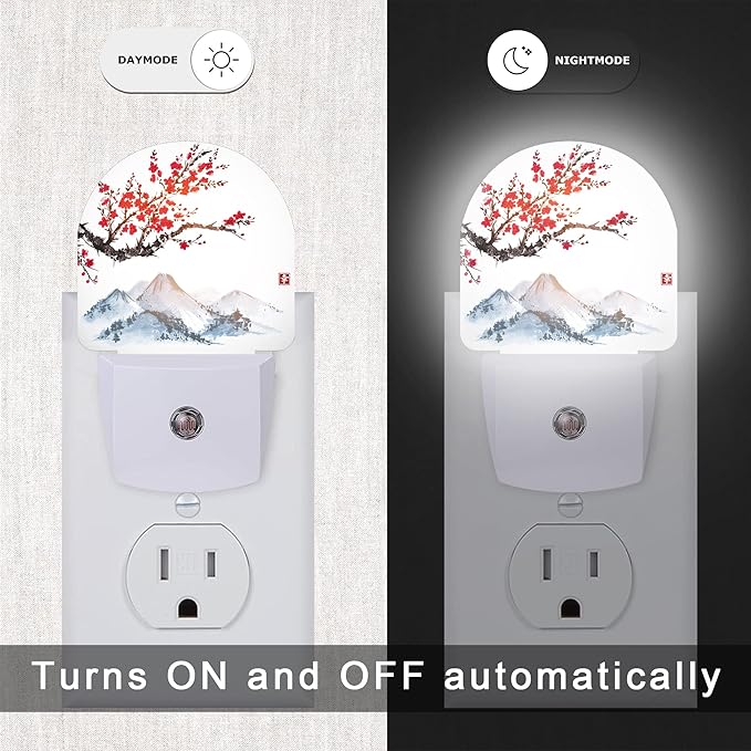 Cherry Blossoms Night Light,Japanese Mountains Night Lights Plug into Wall Decor for Stairway/Hallway/Kitchen,Dusk to Dawn Sensor Nightlights for Boys/Girls/Women/Men Room Gifts