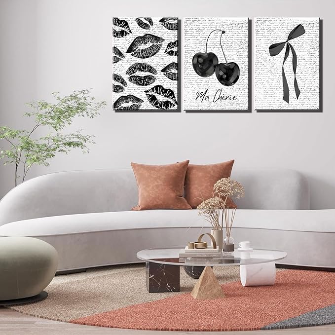 3Pcs Vintage Funky Black White Lips And Cherry Canvas Wall Art Girl Fashion Aesthetic Bow Wall Decor Ma Cherie Dark Coquette Posters Prints for Neutral Preppy Apartment Girl Room16x24in framed