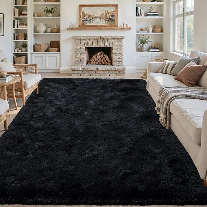 9x12 Ft Extra Large Black Shag Rug for Living Room,Ultra Soft Fluffy Furry Area Rug for Bedroom Kids Office, Aesthetic Carpet for Indoor Floor Home Decor