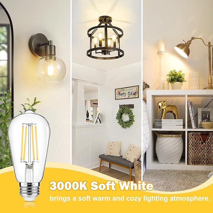 ASOMST 4-Pack Vintage Edison Bulbs 60W Equivalent, 850LM 6W LED Light Bulb Soft White 3000K, ST58 Filament Lighting E26 Base, Non-Dimmable