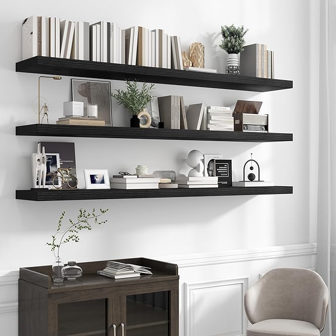 Acovy 72 inch Floating Shelves for Wall, 12 Inch Deep Floating Shelf, Hanging Shelf with Invisible Brackets, Rustic Wooden Wall Shelves for Bathroom, Bedroom, Living Room,Farmhouse Set of 1,Black