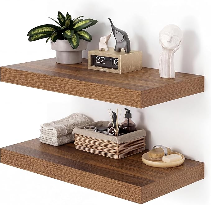 Heimlove 12" Deep Floating Shelves for Wall, 24x12 Inch Shelf Bathroom Shelves Set of 2, Mounted Shelves for Books Living Room Laundry Room Bedroom Kitchen Home Office, Walnut