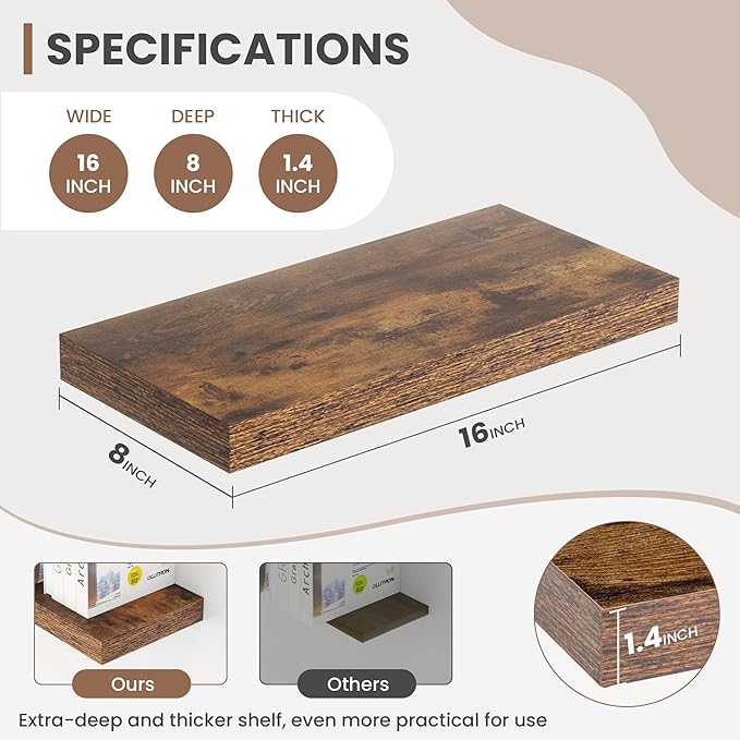 Acovy 16 Inch Floating Shelves, 8 Inch Deep Floating Shelves for Wall, Hanging Shelf with Invisible Brackets, Deep Shelves for Bathroom, Bedroom, Living Room, Brown, Set of 2