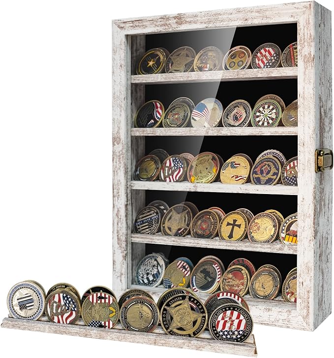 Military Challenge Coin Display Case Holder with HD Toughened Glass and Wall Mount, Wooden Coin Stand Rack with Removable 2 Grooves Shelves, Rustic White…