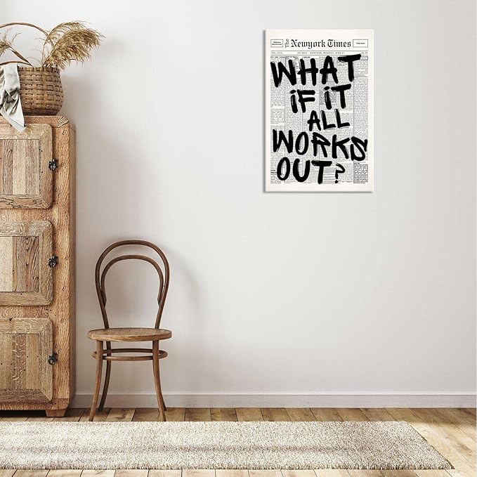 Drimiler Retro Black And White Newspaper Poster What If It All Works Out Canvas Wall Art Positive Affirming Quote Minimalist Prints Painting For Home Bedroom Dorm Wall Decor 16x24in Wframed