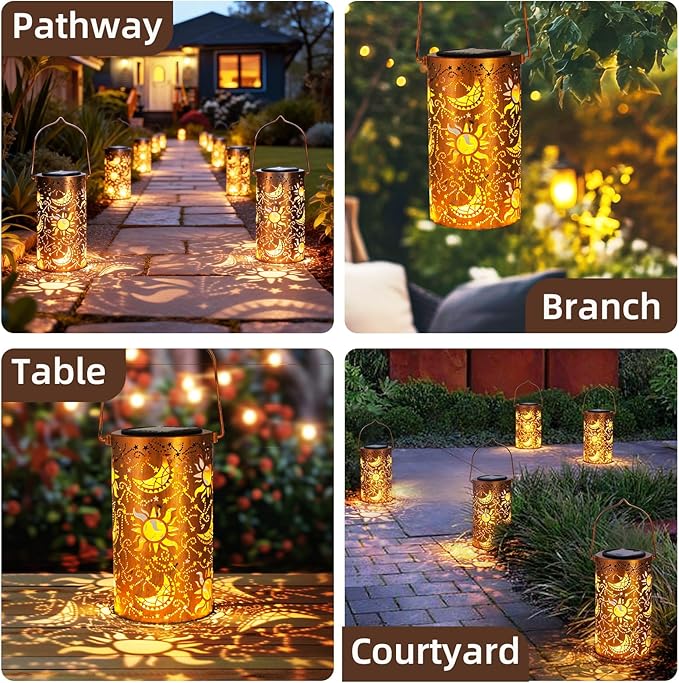 DIBIEECN Mothers Day Gifts for Mom, Birthday Gifts Grandma Ladies Solar Lanterns Outdoor Hanging Hollowed-Out Metal Waterproof LED Garden Decor Outside for Patio Yard Porch, Sun and Moon, 1 Pack