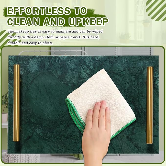 MAOPINER Marble Stone Decorative Perfume Tray with Copper Color Metal Handles, Handmade Jewellery Catchall Trinket Tray for Counter, Vanity, Dresser, Nightstand and Desk (Green)