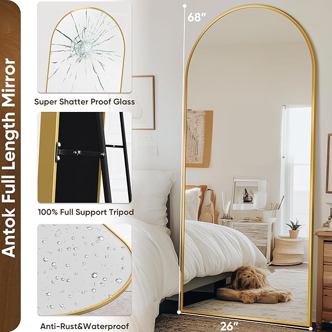 Antok Arched Full Length Mirror, 68"x28" Gold Metal Frame Floor Mirror for Bedroom Living Room, Freestanding/Wall Mount/Leaning