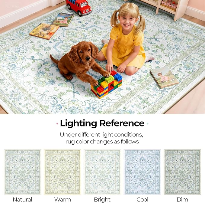 CAPALOCA Machine Washable Rugs Nursery Rug 5x7 Cute Girl Non Slip Low Pile Water Repellent Soft Print Pattern for Bedroom Indoor Decor Kids Playroom Green Blue