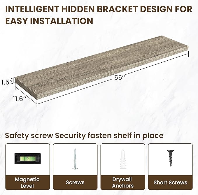 Acovy 55 Inch Floating Shelves, 12 Inch Deep Floating Shelves for Wall, Floating Shelf with Invisible Brackets, Deep Shelves for Bathroom, Bedroom, Living Room, 1 Pack, Grey