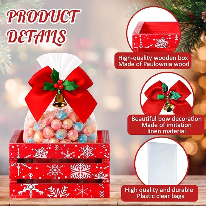 AceOrbit 12 Pcs Winter Wooden Gift Boxes 5 Inch Red Snowflakes Storage Basket Set with 12 Holly Bows and 12 Clear Gift Bags Small Decorative Nesting Organizer Boxes for Winter Craft Xmas Candy