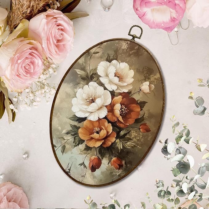 JQF Vintage Floral Oval Wall Decor, Cottagecore Floral Oval Canvas Wall Art, Farmhouse Retro Flower Botanical Framed Prints Hanging Decor for Home Bedroom Living Room Office, 8.5x11.5 Inch
