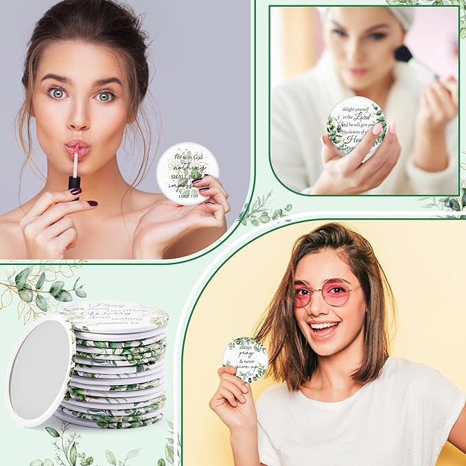 Y1tvei Leaves Bible Compact Mirrors - 36Pcs Green White Leaf Christian Gifts Bulk Bible Verse Mini Compact Mirrors Inspirational Portable Round Pocket Makeup Mirror for Women Friends Purse Church
