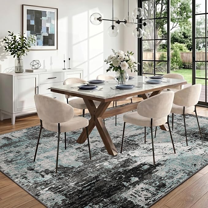 RELEANY Washable Area Rugs 8'x10' Non-Slip Modern Abstract Soft for Living Room Entryway Bedroom Nursery, Print Pattern, Blue Black Teal