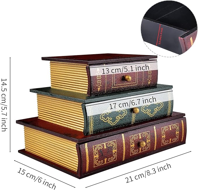 POWER UNICO FLOWER Vintage Decorative Organizer Wooden False Book Storage Box Jewelry Box with Three-layer Drawers (312)
