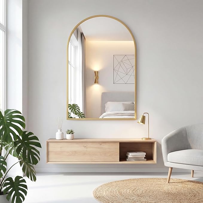OLIXIS Arched Gold Bathroom Mirror for Over Sink, 26x38 Inch Wall Mirror, Bathroom Vanity Mirror with Matte Metal Frame for Home Decor, Living Room